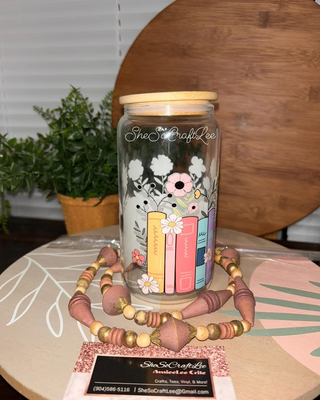Floral Books 16oz Glass Can