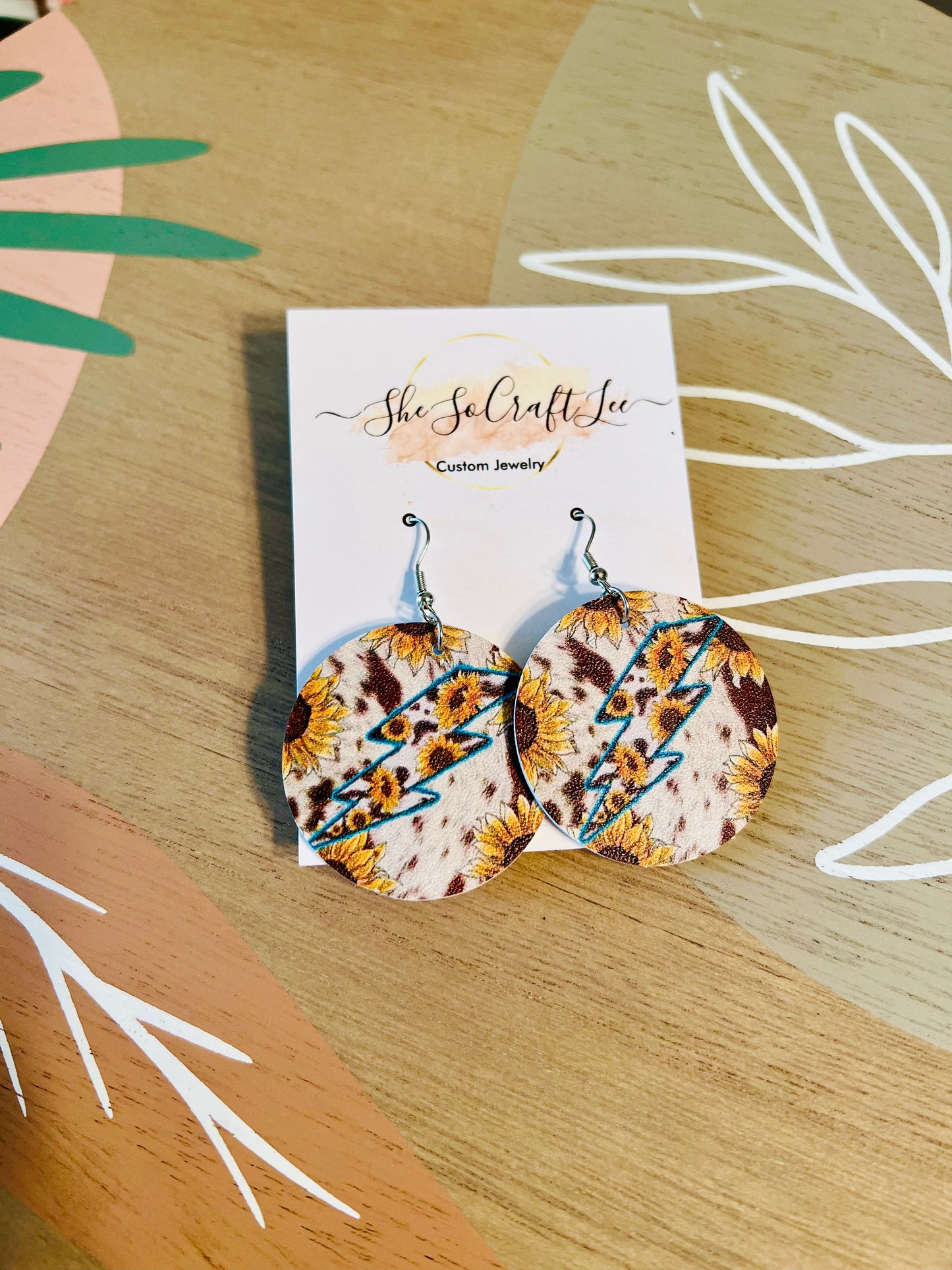 Lightning Sunflower Faux Leather Earrings