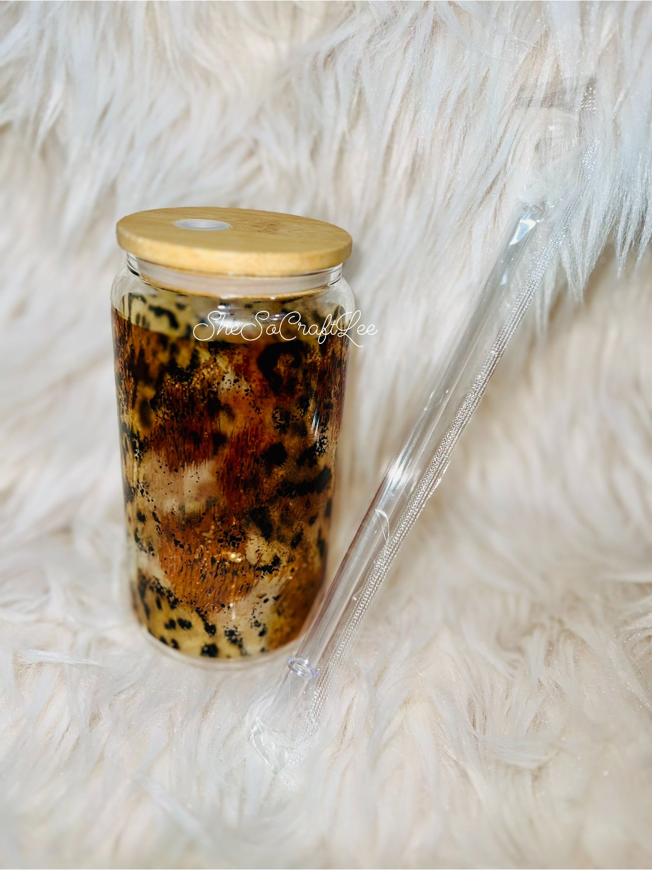 Brown Cow Hide and Leopard 16oz Glass Can