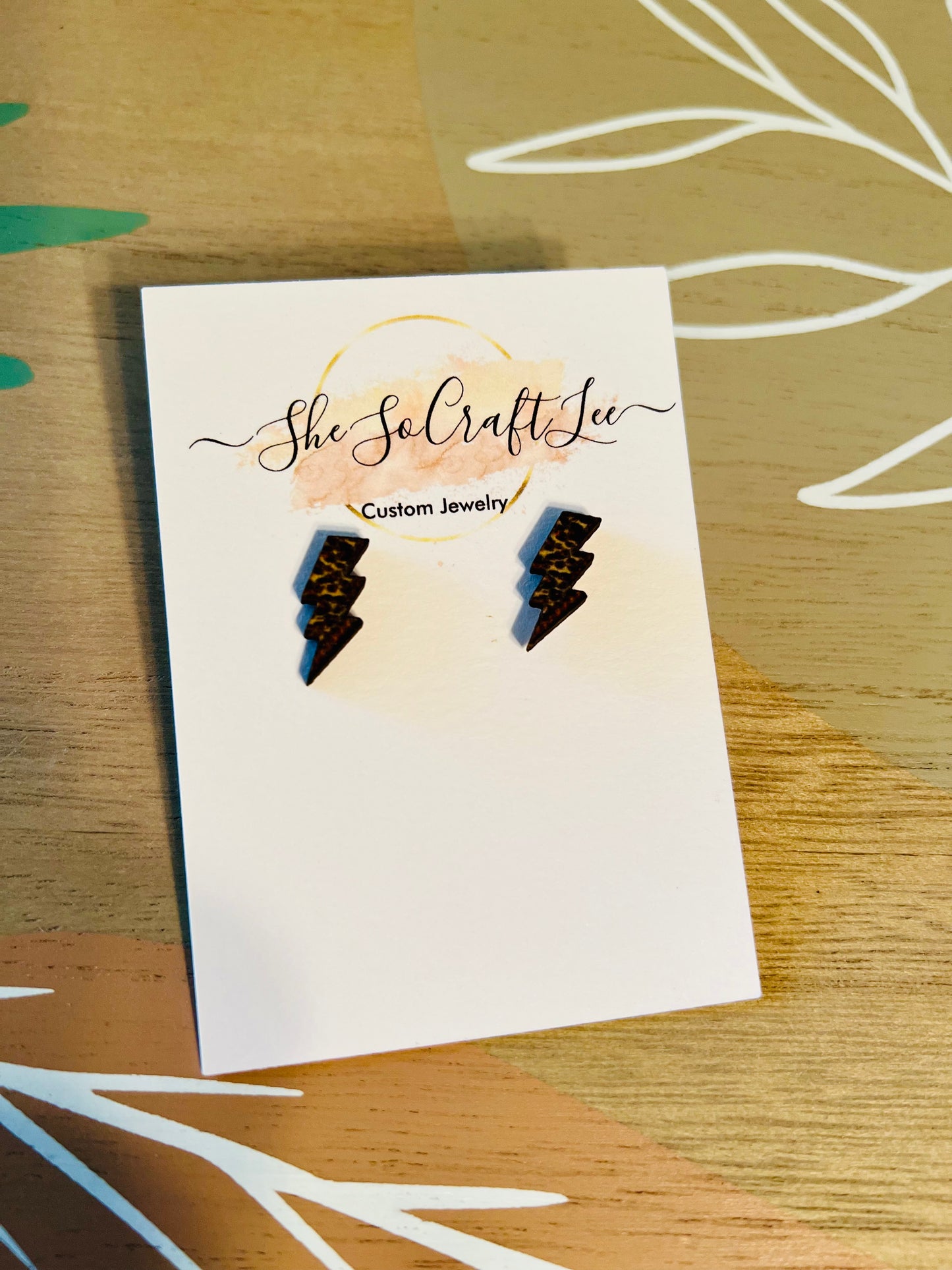 Leopard Lightning Stud Wooden Earrings