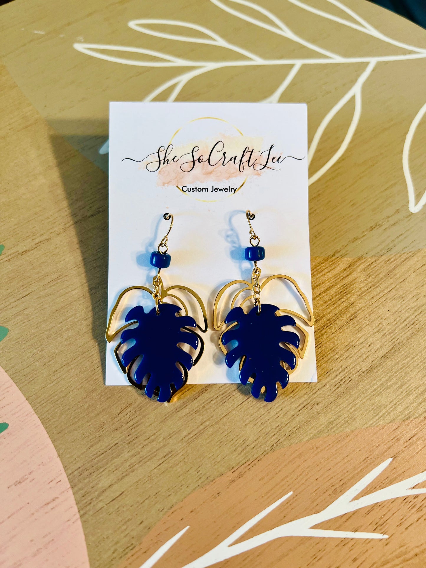 Gold and Navy Monstera Dangle Earrings