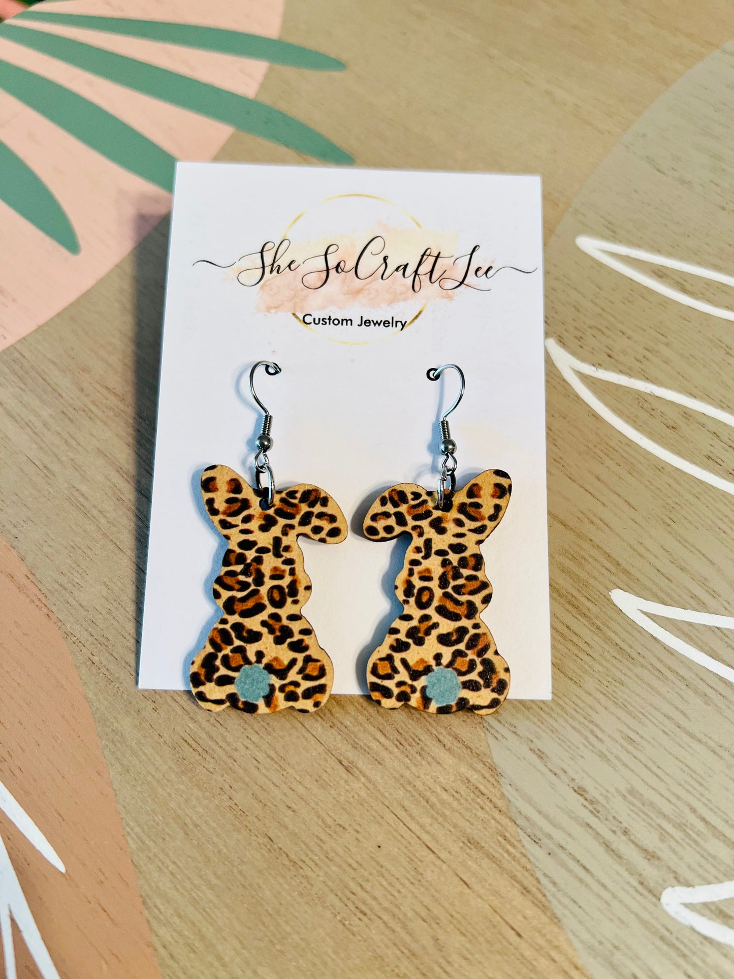 Leopard Bunny Wooden Earrings