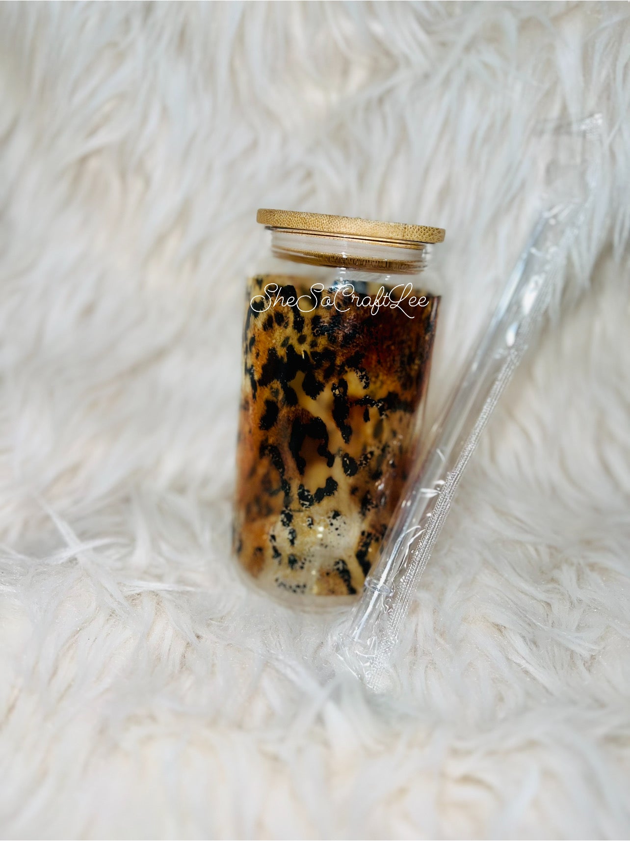 Brown Cow Hide and Leopard 16oz Glass Can