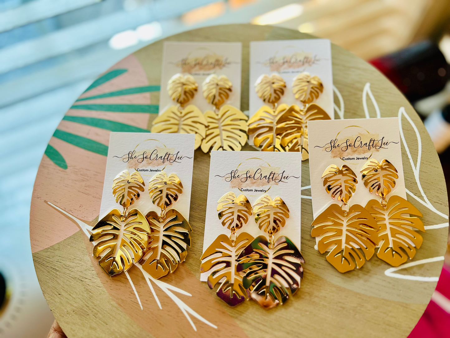 Gold Double Monstera Dangle Earrings