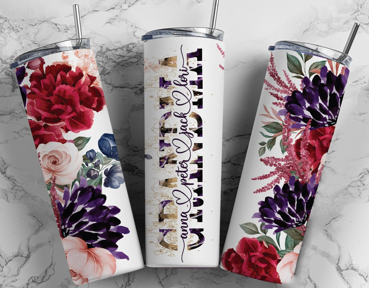 Purple, Red and Pink Floral (Mom,Mama,Grandma,Nanny, ETC.) Skinny Tumbler