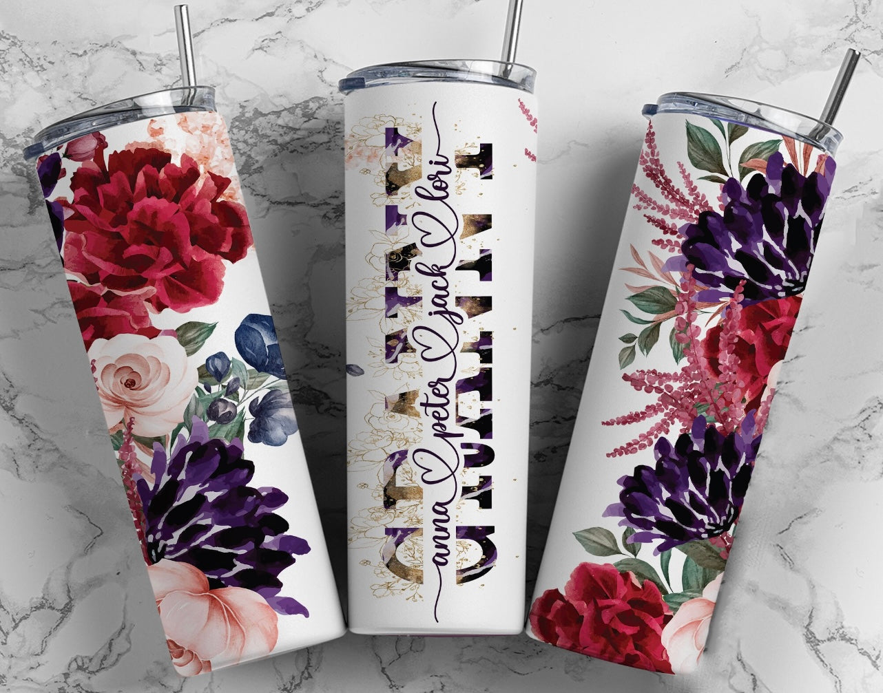 Purple, Red and Pink Floral (Mom,Mama,Grandma,Nanny, ETC.) Skinny Tumbler