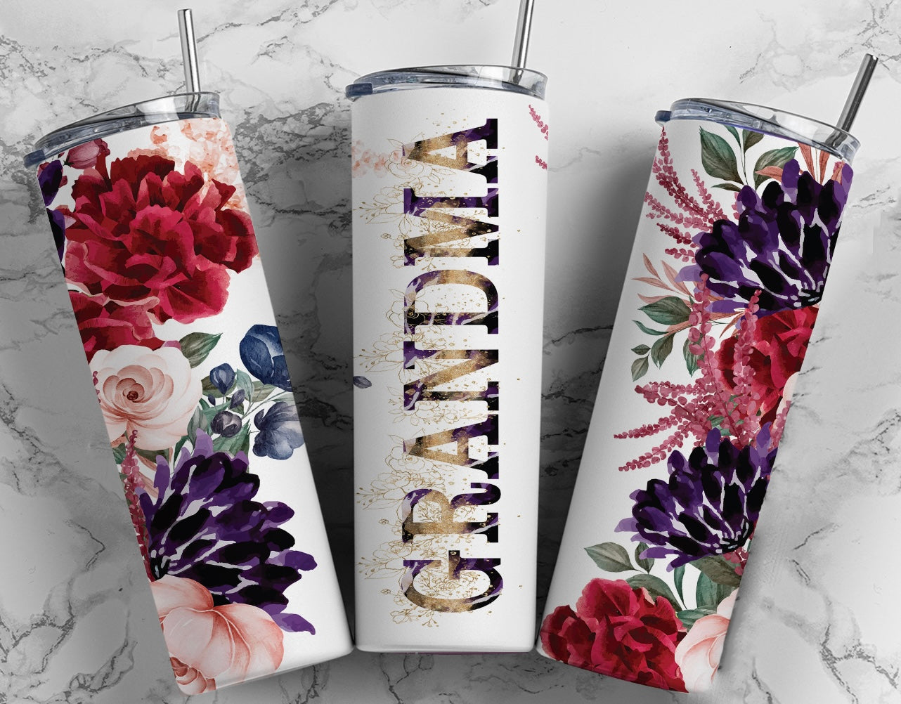 Purple, Red and Pink Floral (Mom,Mama,Grandma,Nanny, ETC.) Skinny Tumbler