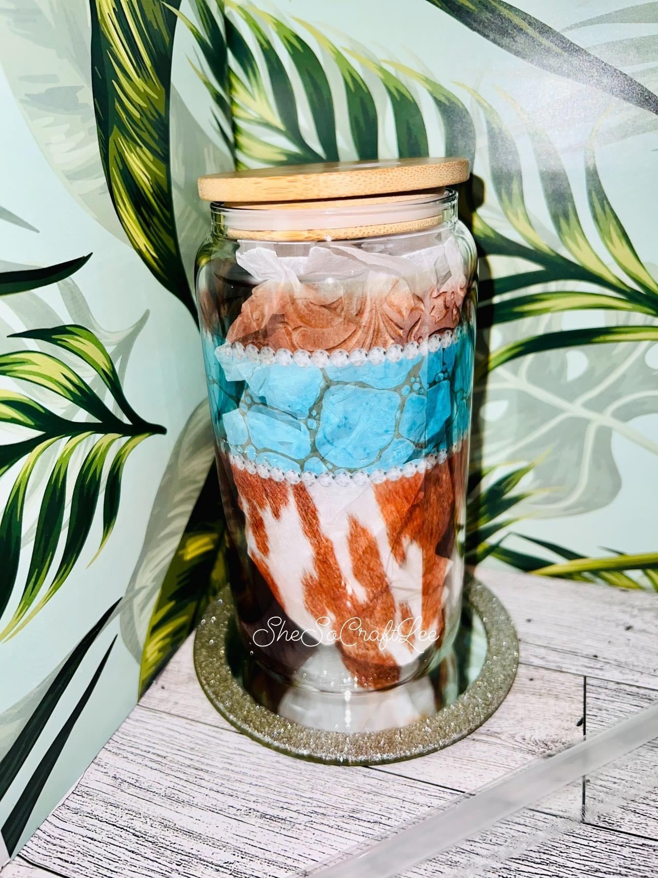 Brown Cow Hide and Turquoise 16oz Glass Can