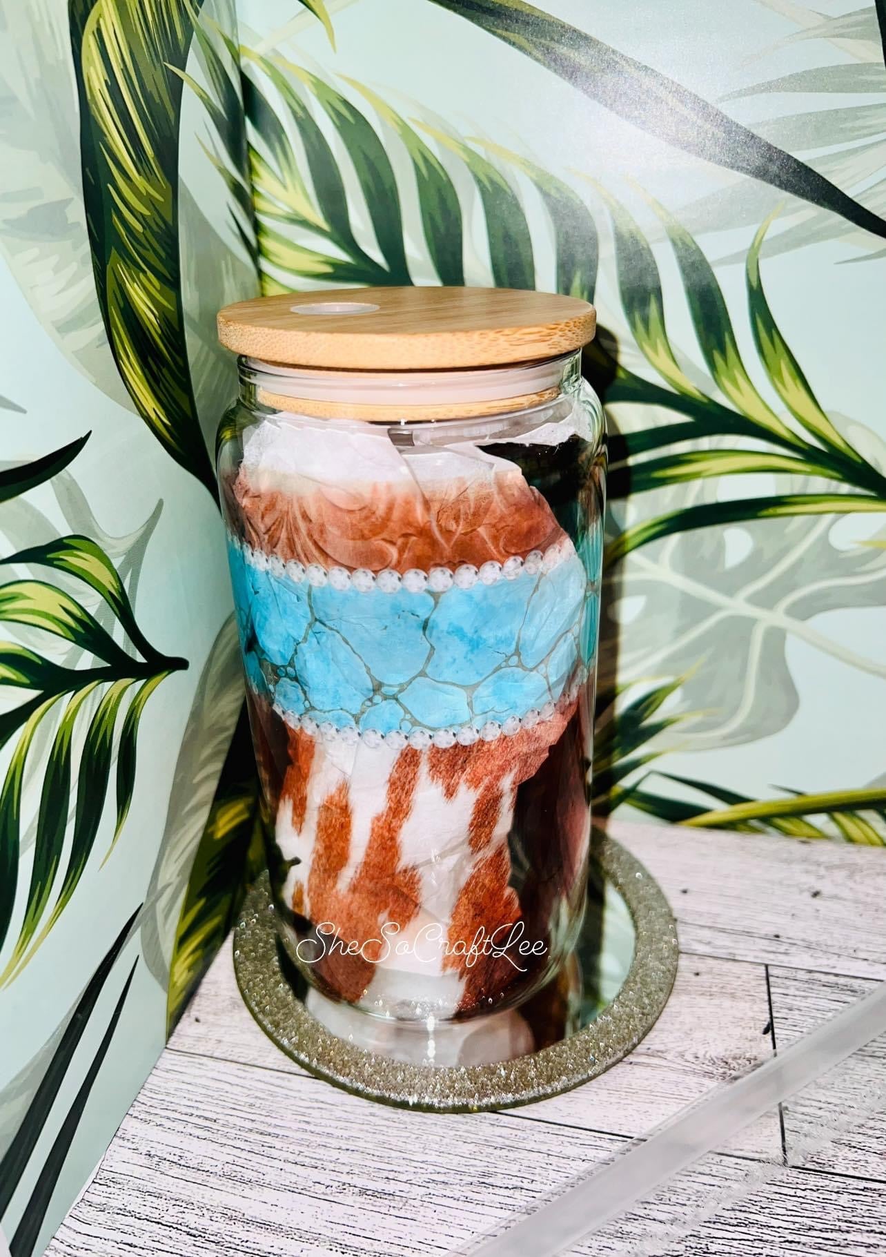 Brown Cow Hide and Turquoise 16oz Glass Can