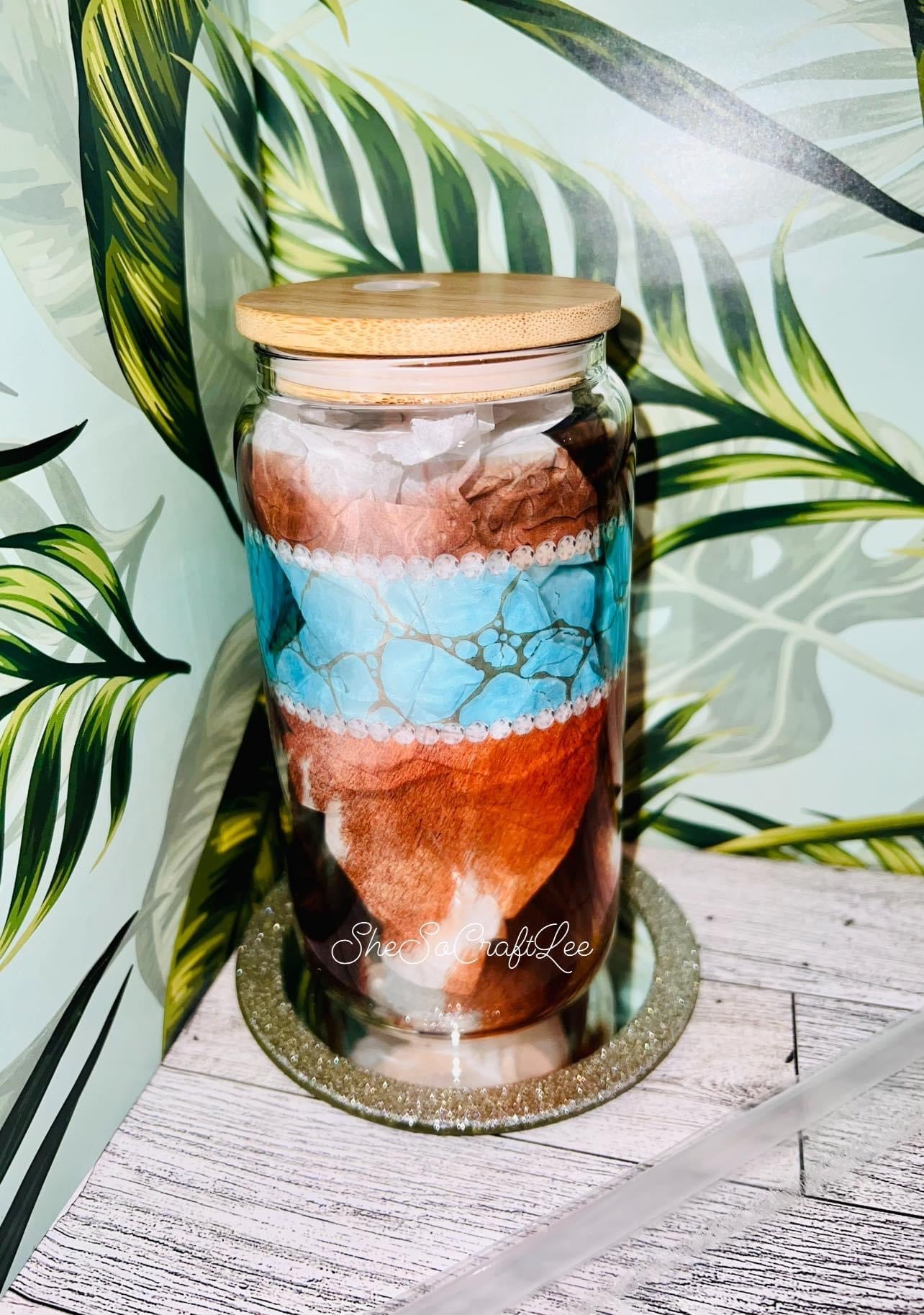 Brown Cow Hide and Turquoise 16oz Glass Can
