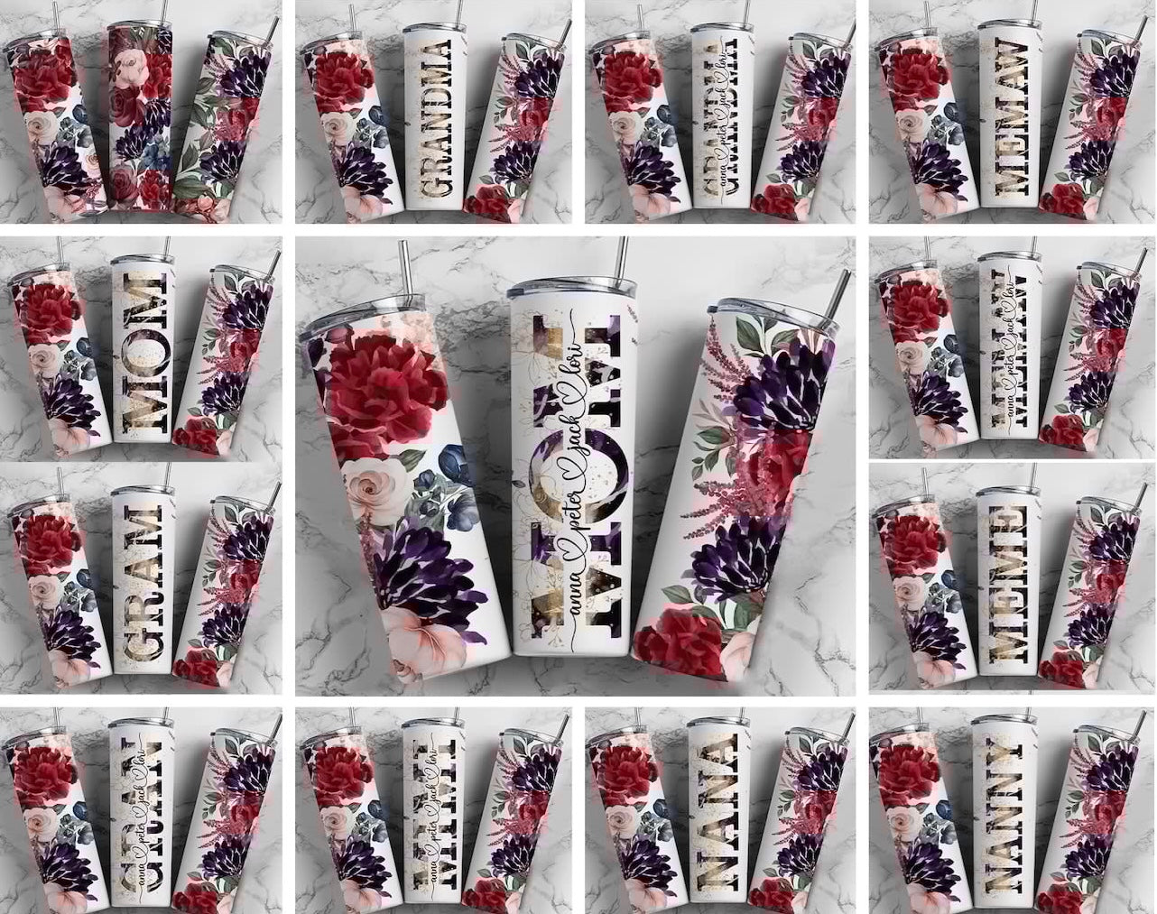 Purple, Red and Pink Floral (Mom,Mama,Grandma,Nanny, ETC.) Skinny Tumbler