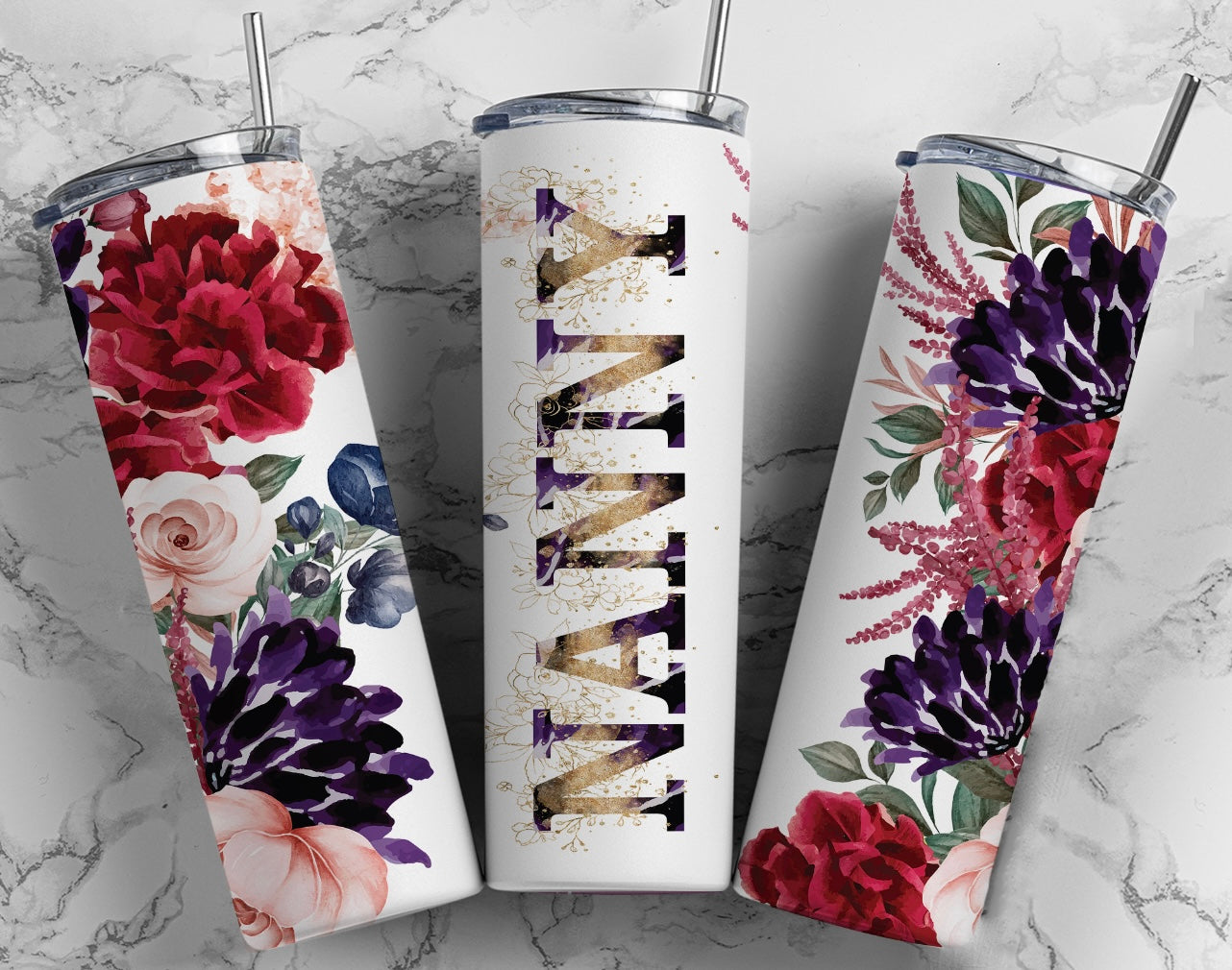 Purple, Red and Pink Floral (Mom,Mama,Grandma,Nanny, ETC.) Skinny Tumbler