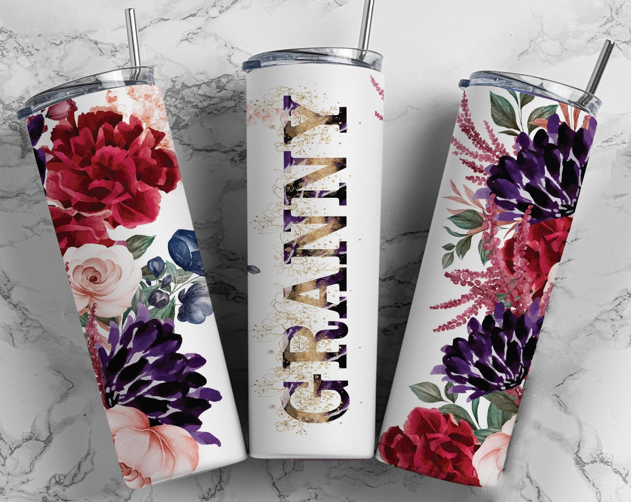 Purple, Red and Pink Floral (Mom,Mama,Grandma,Nanny, ETC.) Skinny Tumbler