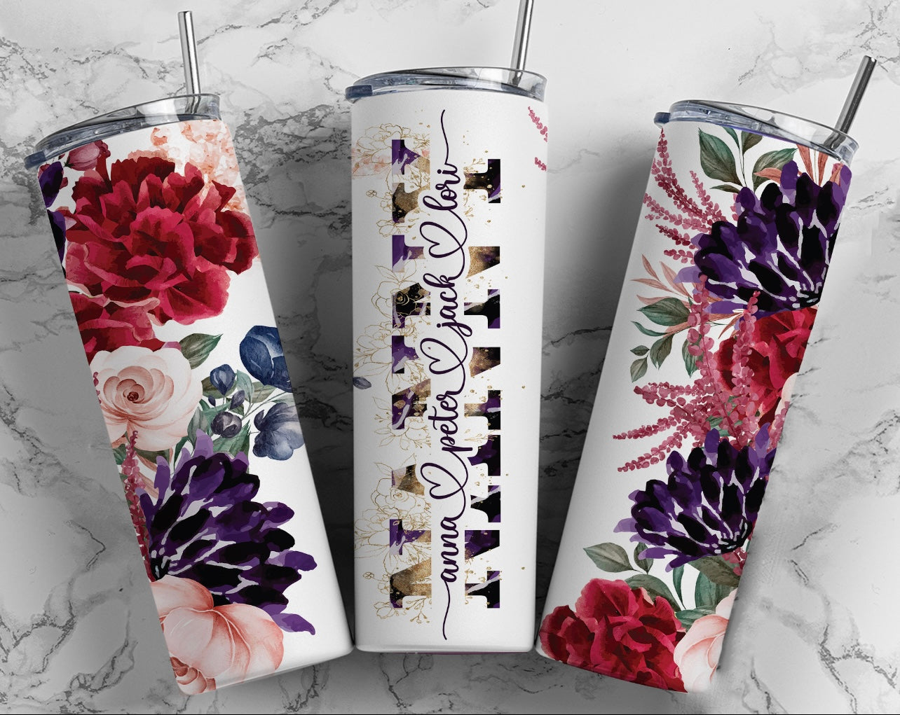Purple, Red and Pink Floral (Mom,Mama,Grandma,Nanny, ETC.) Skinny Tumbler