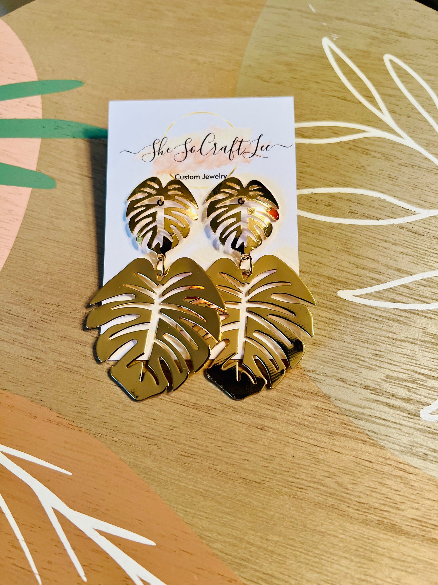 Gold Double Monstera Dangle Earrings