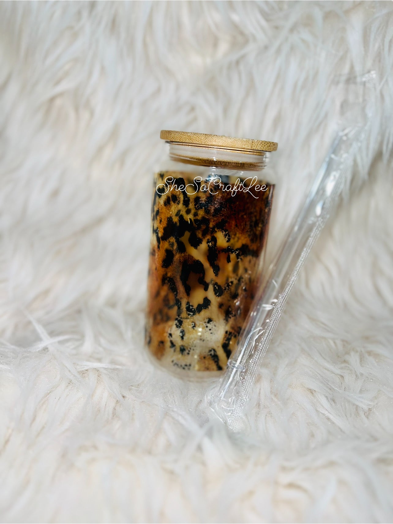 Brown Cow Hide  and Leopard 16oz Glass Can