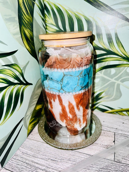 Brown Cow Hide  and Turquoise 16oz Glass Can